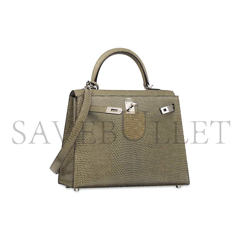 HERMÈS MASTER A SHINY LIZARD KELLY 25 GREY HEMP ROPE WITH SILVER BUCKLE (25*17*7cm)